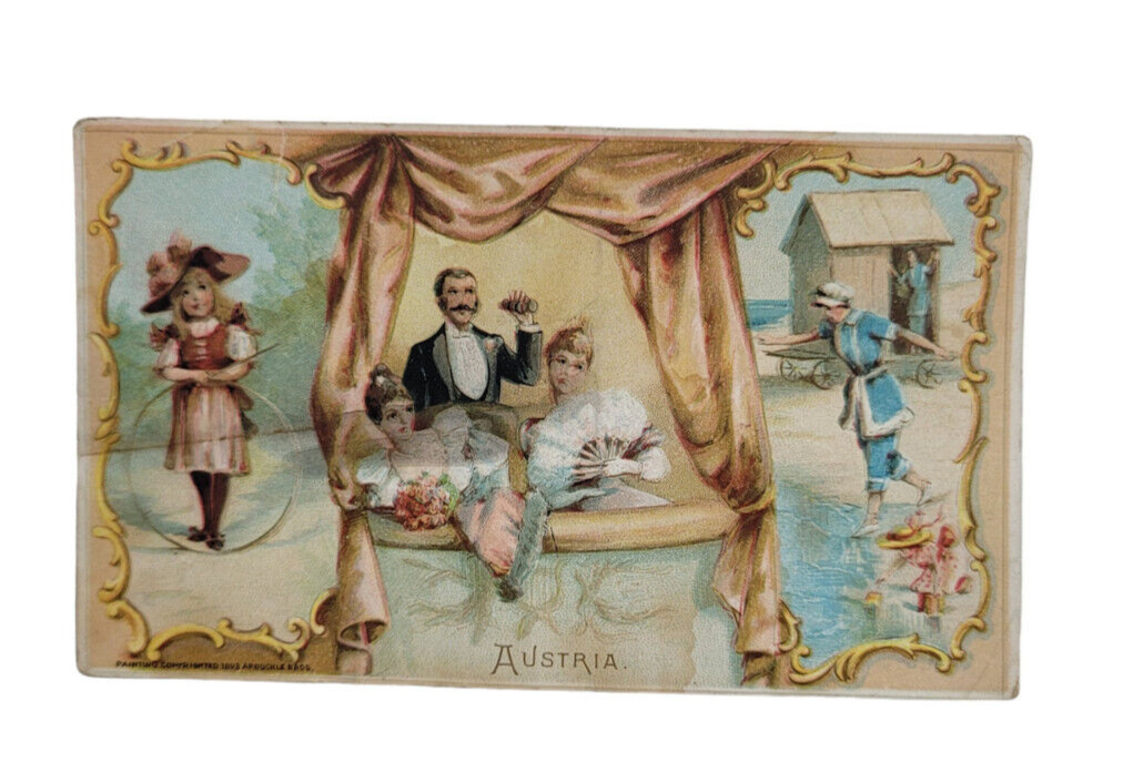 Arbuckles Coffee 1880s Victorian Trade Card Austria Hoop Racing Bathing Clubs