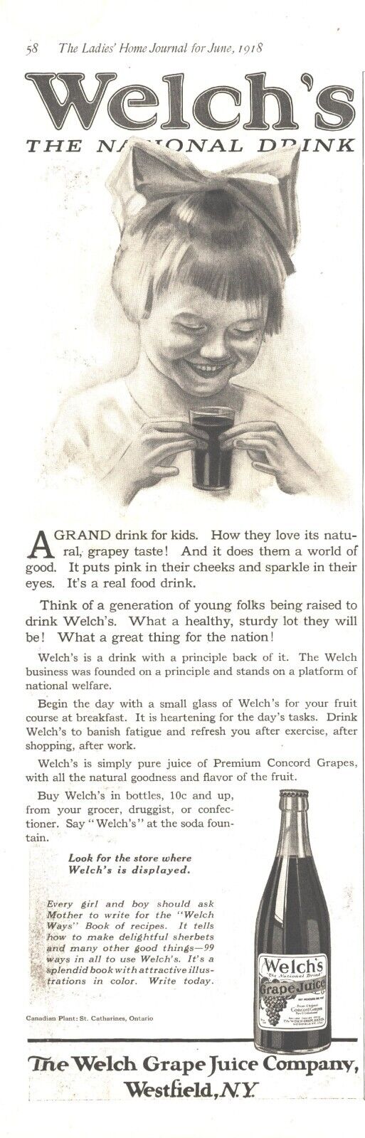1918 Welchs Grape Juice Antique Print Ad World War I Era Girl Hair Bow Concord