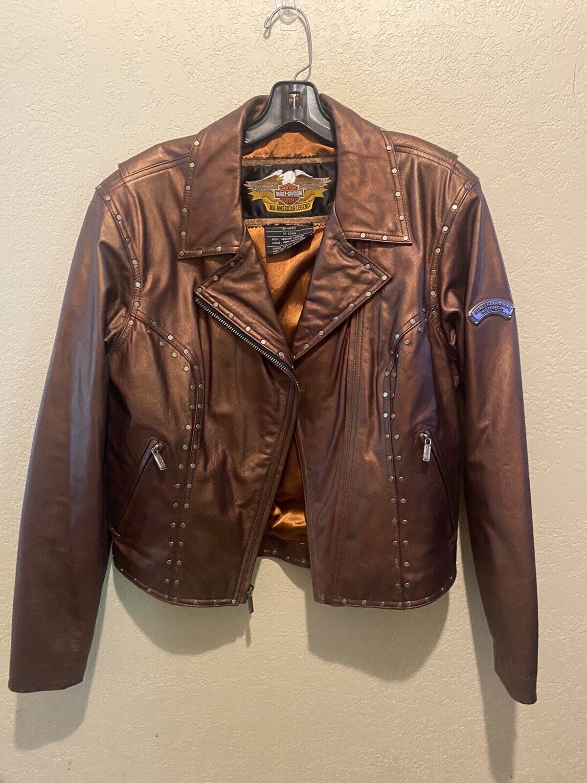 Harley Davidson Jacket Gold Brown L XL Super Cool Zip Thick And Heavy