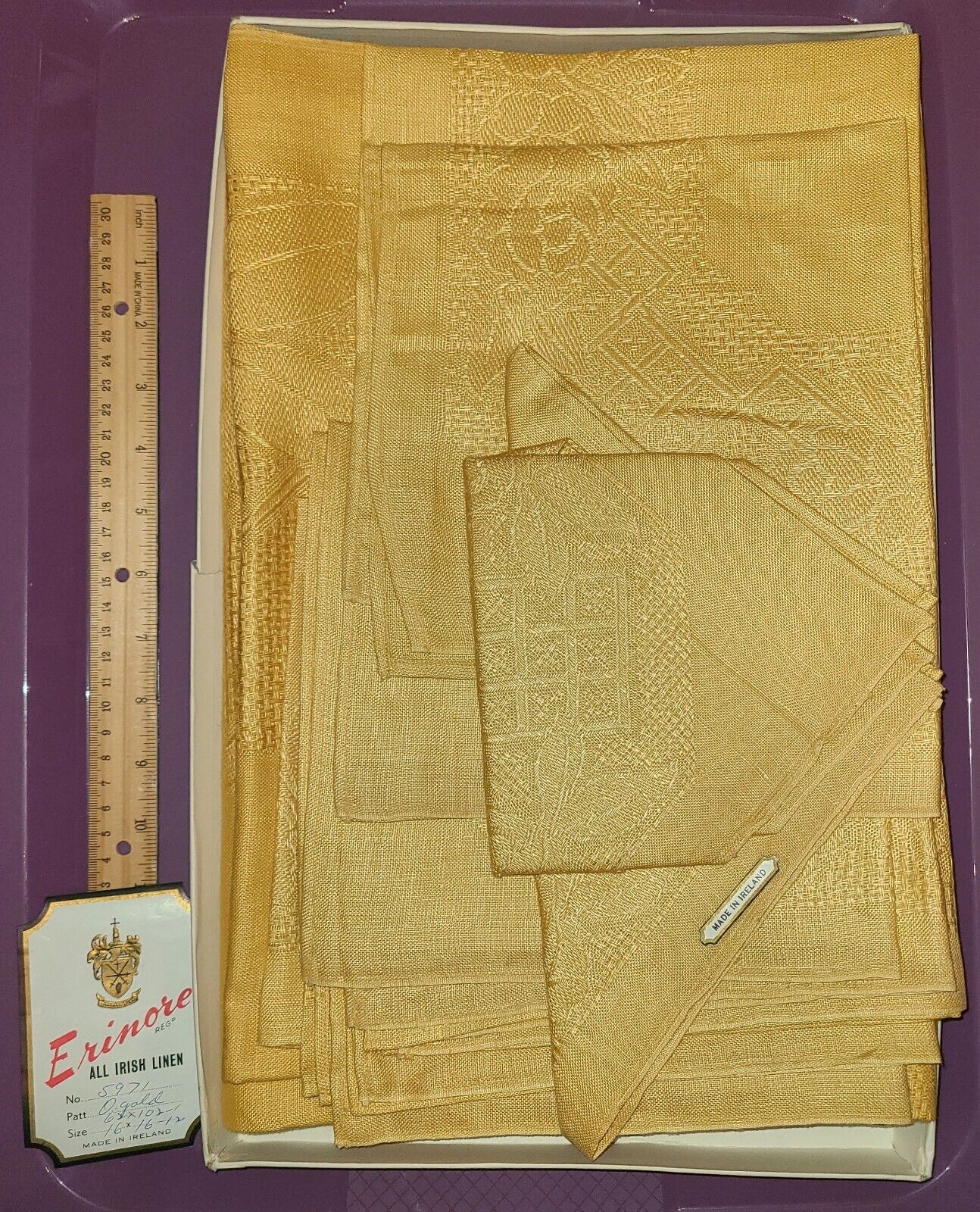 Vintage Irish Linen Complete Set in Gold 1 Tablecloth 12 Napkins In Original Box