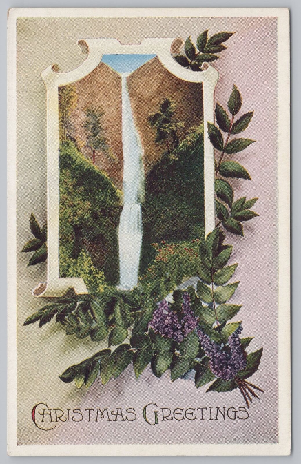 Christmas Greetings~Purple Flowers~Green Leaves~Waterfall In Center~Vintage PC