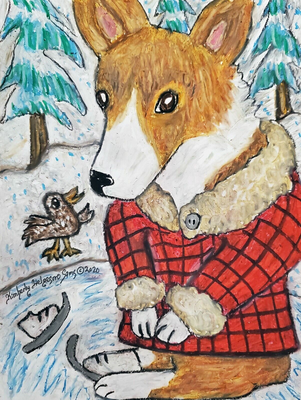 Corgi Learning to Ice Skate Original Painting 9x12 Vintage Style Art Collectible