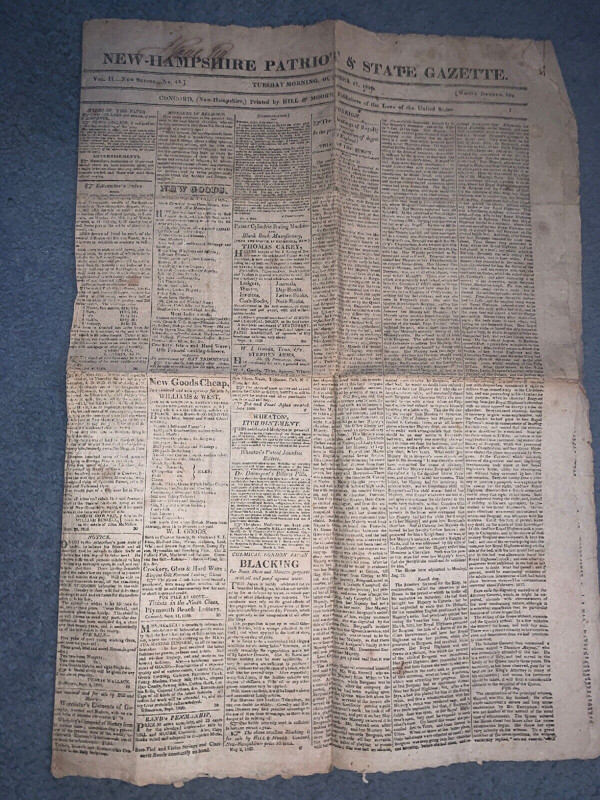 New Hampshire Patriot And State Gazette 1820 Newspaper Rare