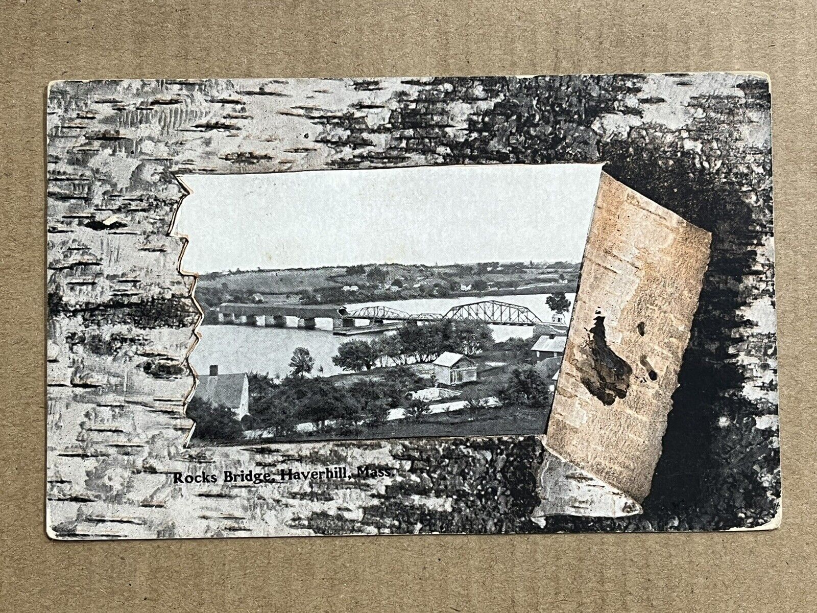 Postcard Haverhill MA Rocks Bridge Aerial View Peeling Birch Frame Illusion