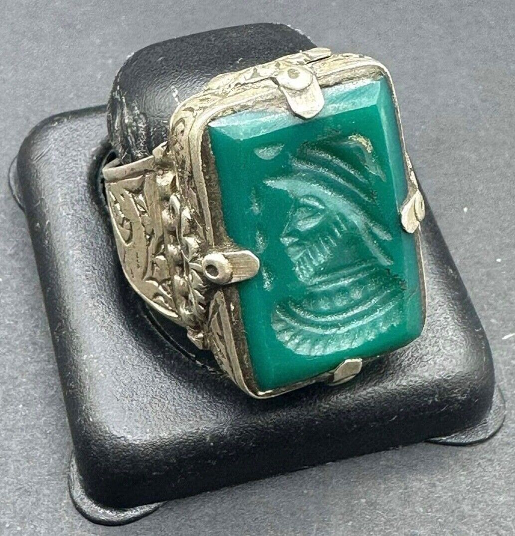 Beautiful Old Natural Jade Stone Roman Intaglio Stamp Pure Sliver Ring