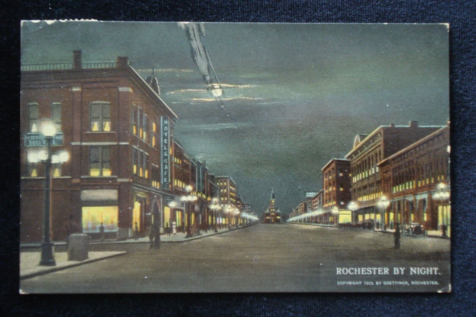 1912 ROCHESTER MN NIGHT VIEW DOWNTOWN MOONLIT STREET SCENE PC ~ INTERESTING NOTE