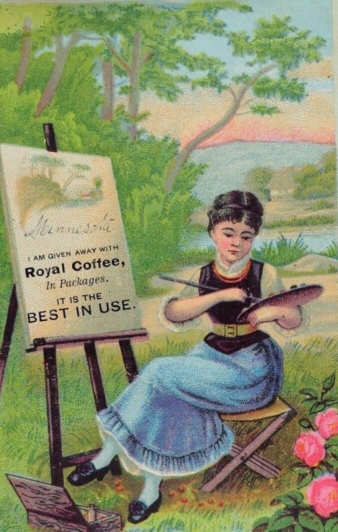 1870's-80's Royal Coffee Lovely Woman Painting Lake Scenery P43