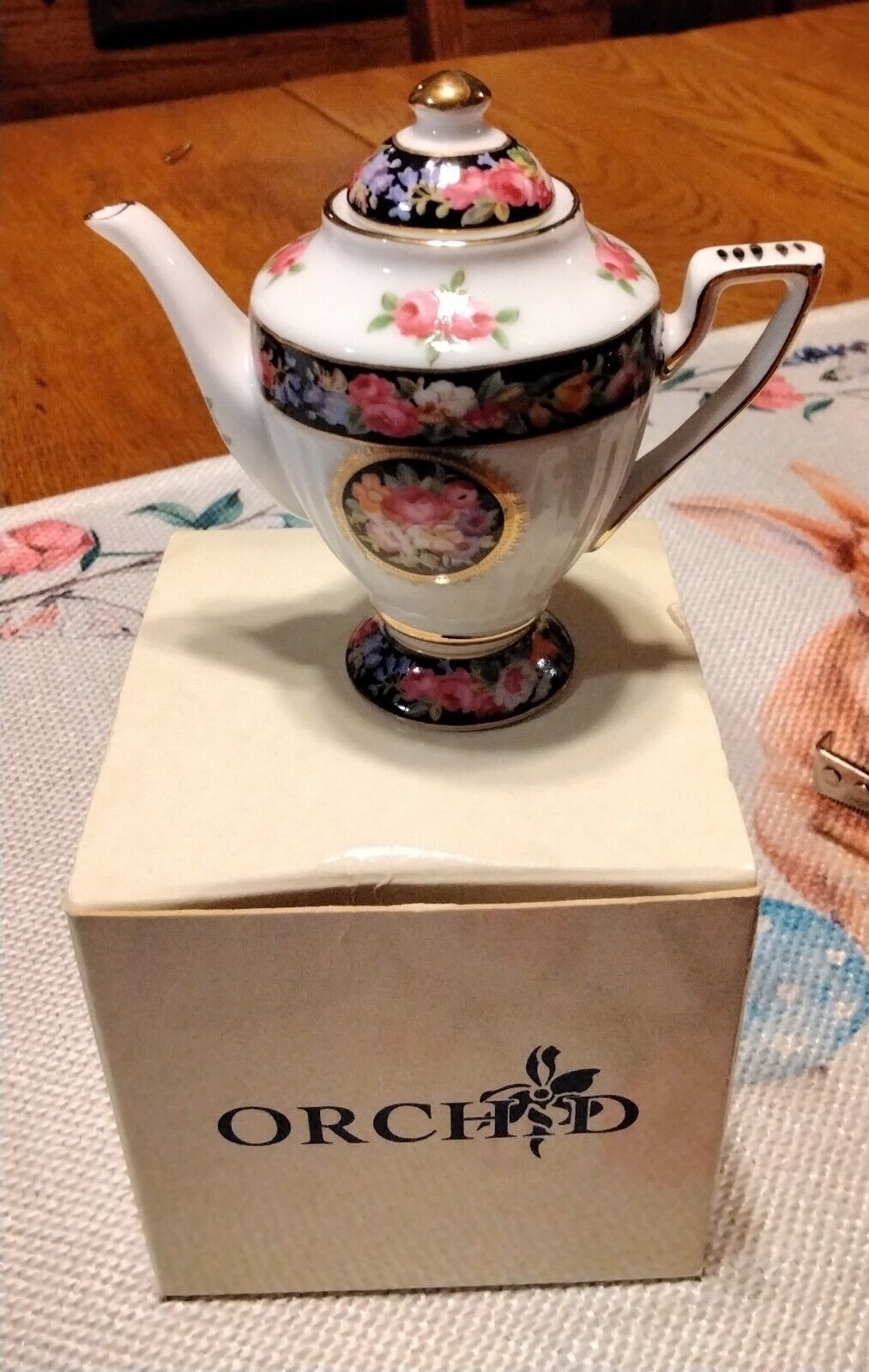 Orchid Miniature Fine Porcelain Teapot In Original Box Roses Black Band