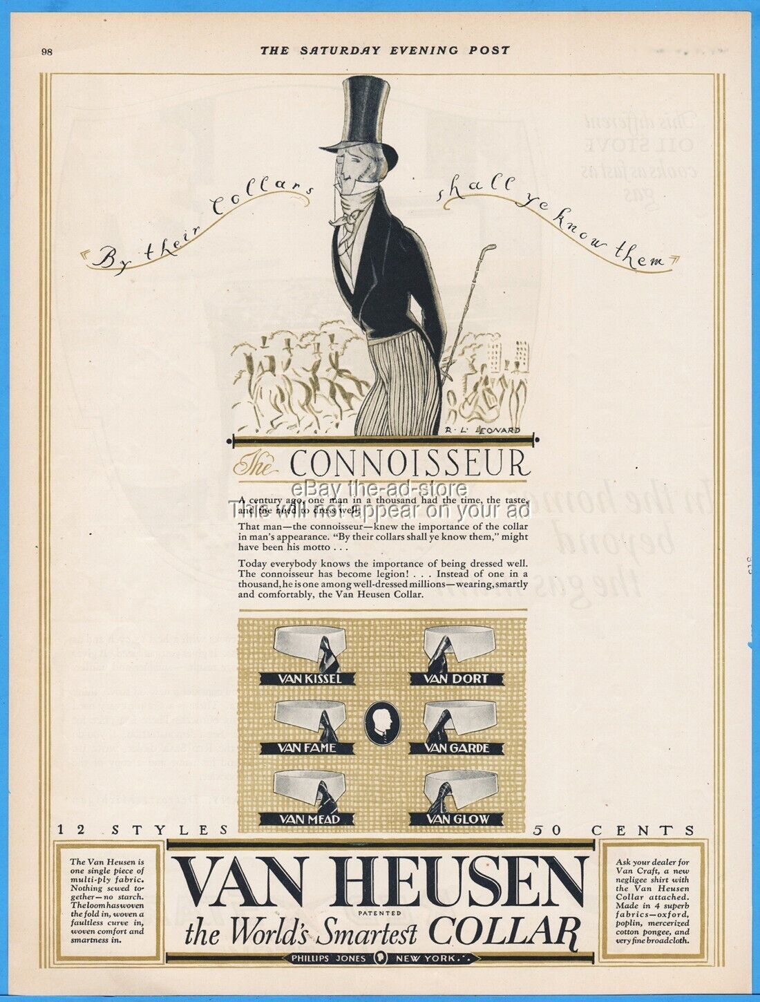 1925 R L Leonard Phillips Jones Van Heusen Shirt Collar Connoisseur Fashion Ad
