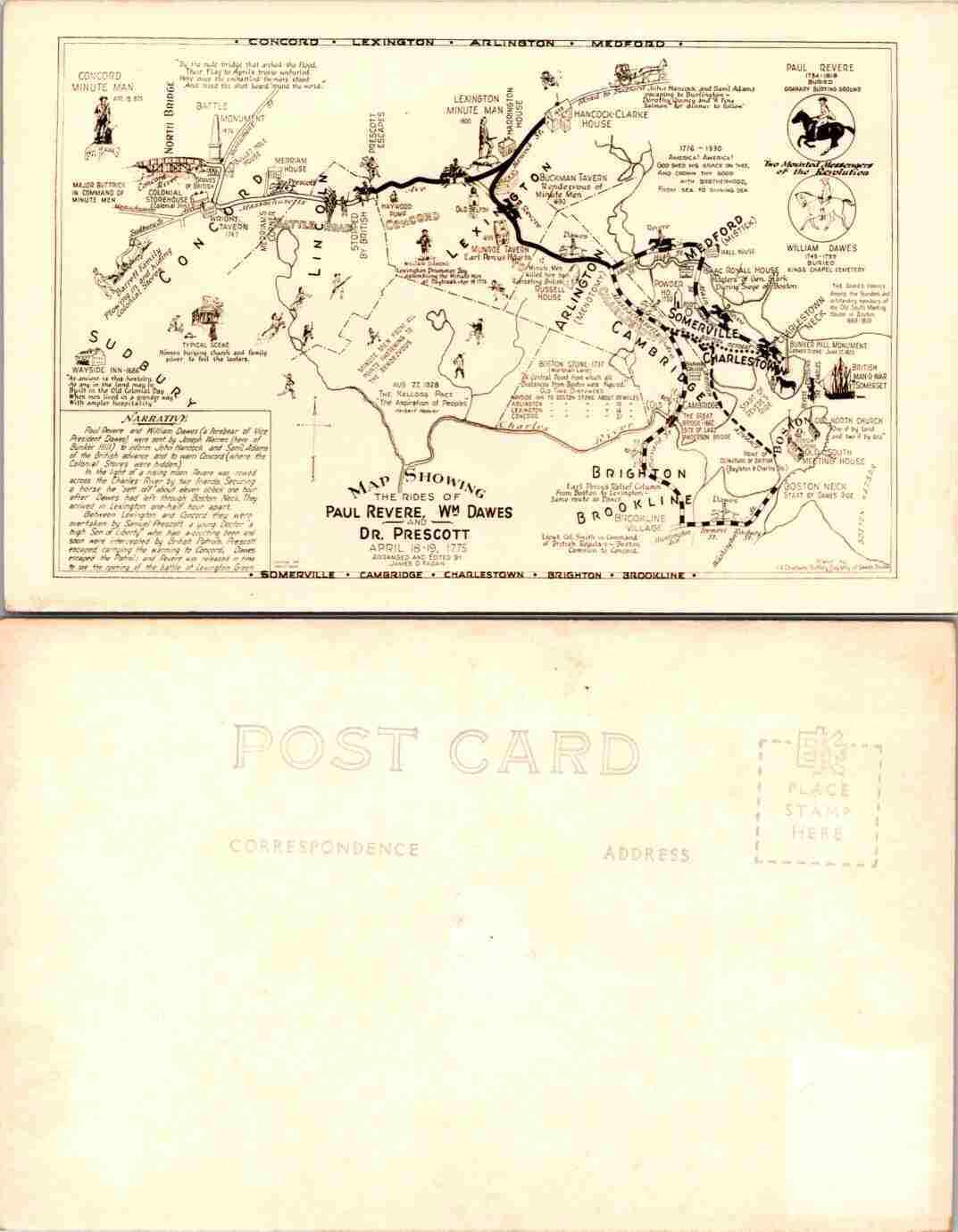 Vintage Postcard - Map Shows Rides Paul Revere, Dawes and Prescott 4/18-19/1775