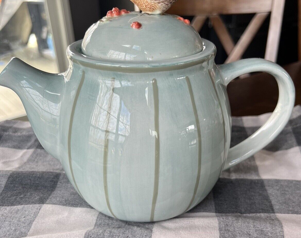 Hallmark Vintage Marjolein Bastin Turquoise Striped Teapot with Sparrow Lid Rare