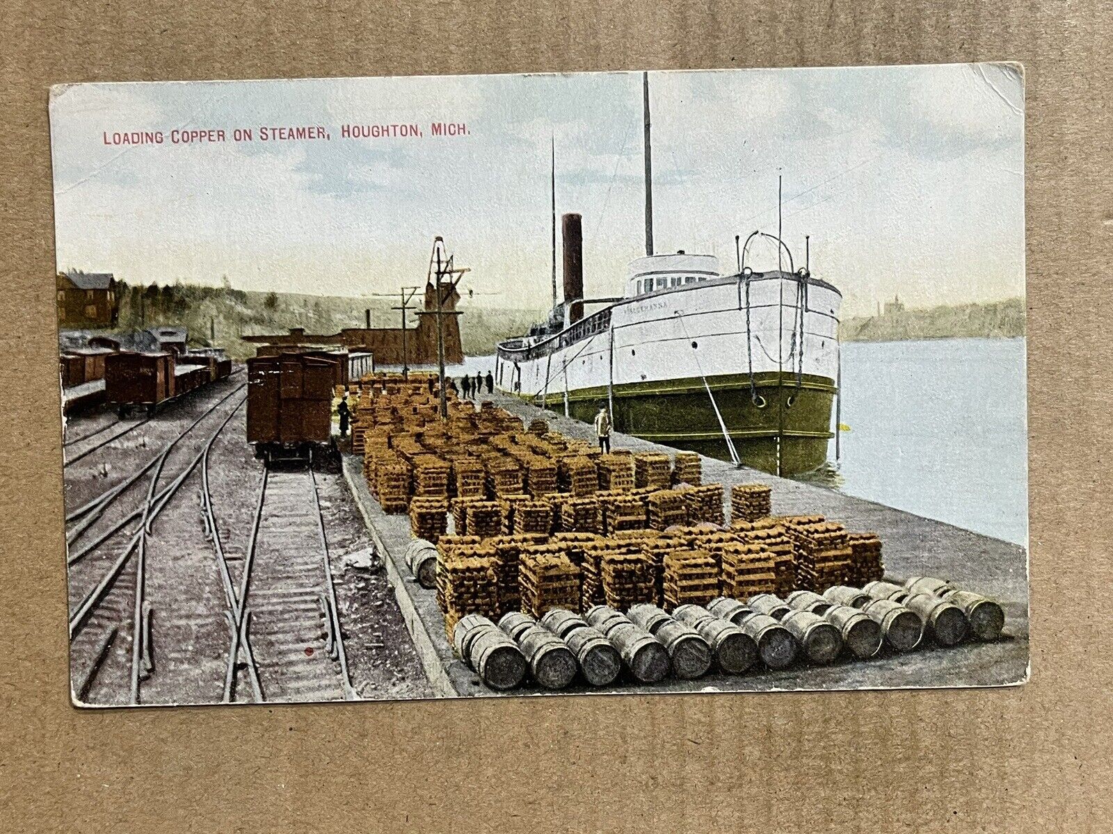 Postcard Houghton MI Michigan Loading Copper Steamer Ship Railroad Vintage PC