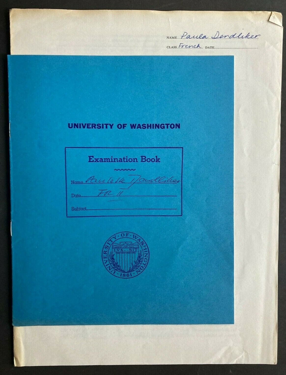 VINTAGE University of Washington Blue Examination Book + French Test \