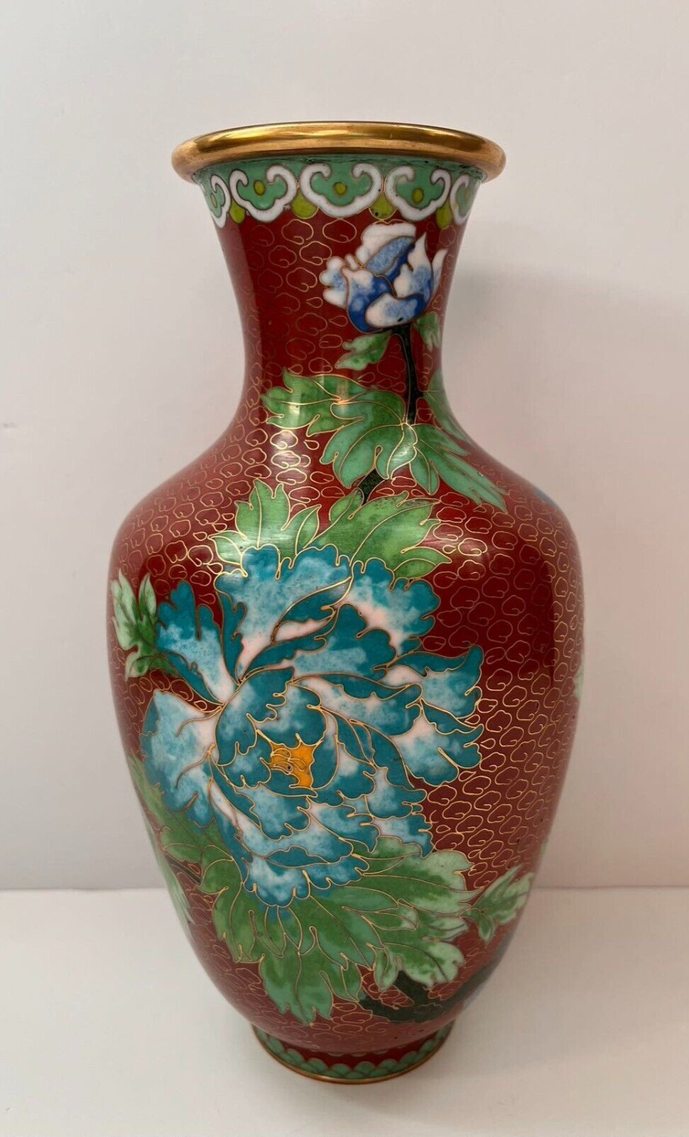 Vtg Traditional Chinese Cloisonne Enamel on Brass Vase Bird & Peony Flowers 10”
