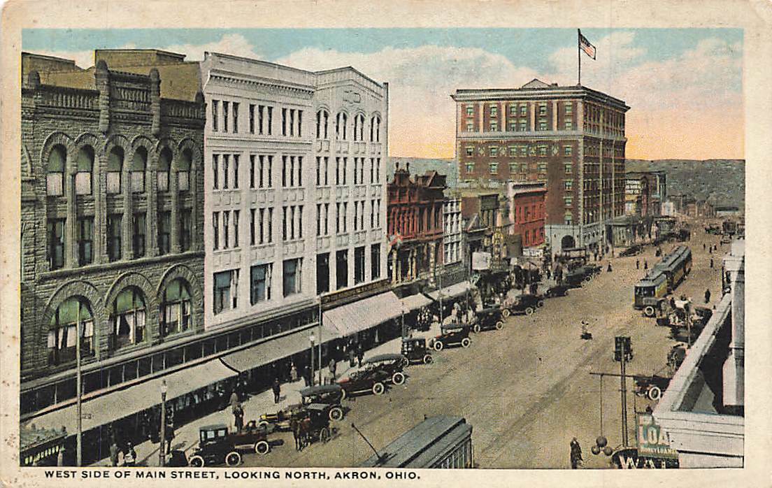 c1910s Birds Eye View Cars Stores Scene West Side Main Street Akron OH P374