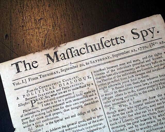 Rare EARLY Pre Revolutionary War MASSACHUSETTS SPY Isaiah Thomas 1770 Newspaper
