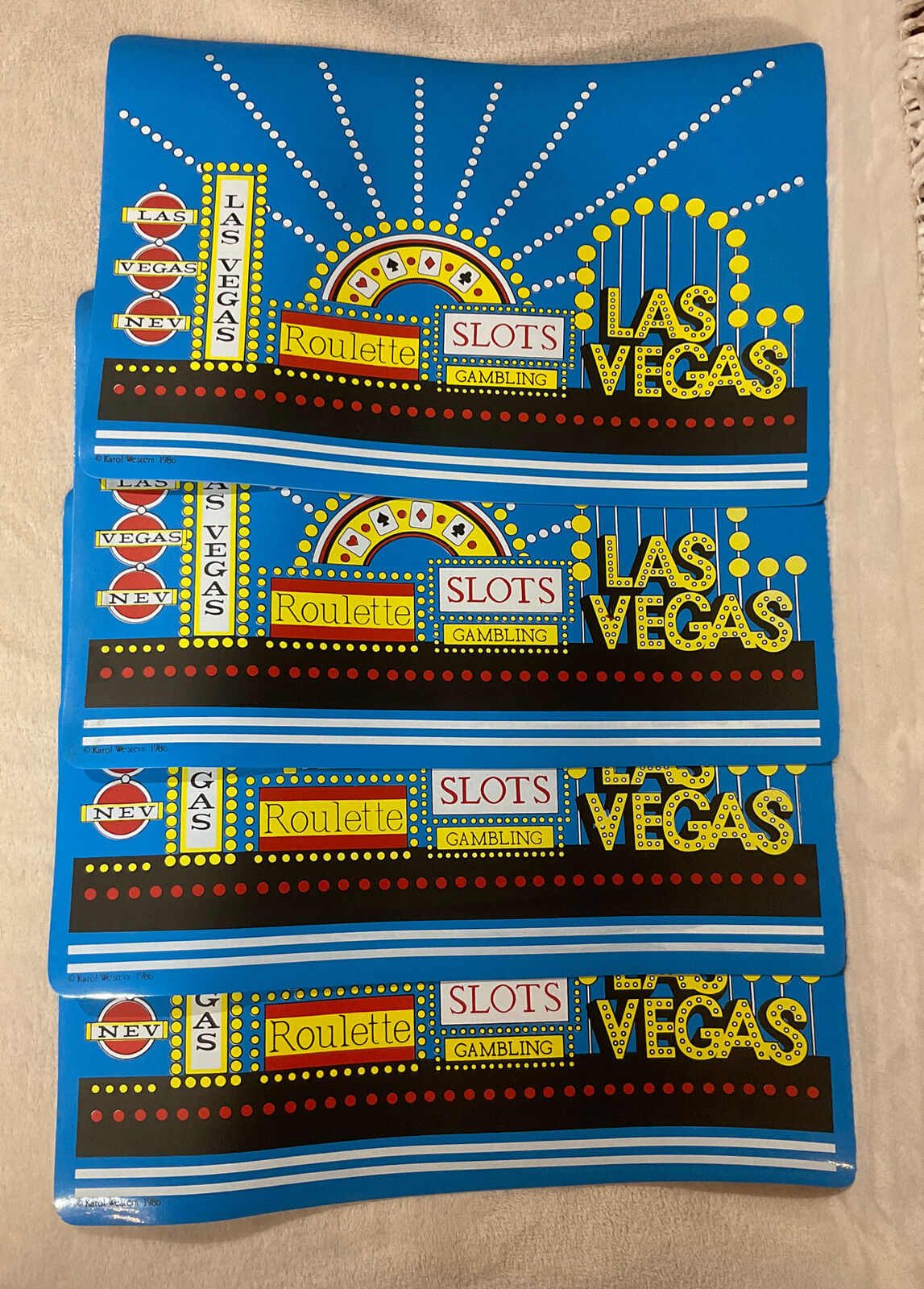 Vintage Karol Western 1986 Las Vegas Placemats Plastic Blue Set of 4 RARE