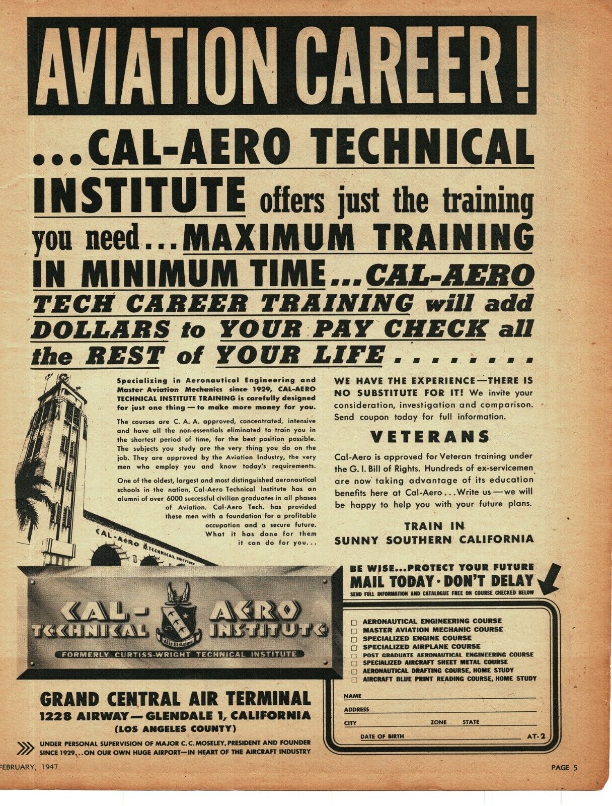 1947 CAL-AERO Technical Institute Glendale CA Vintage Print Ad