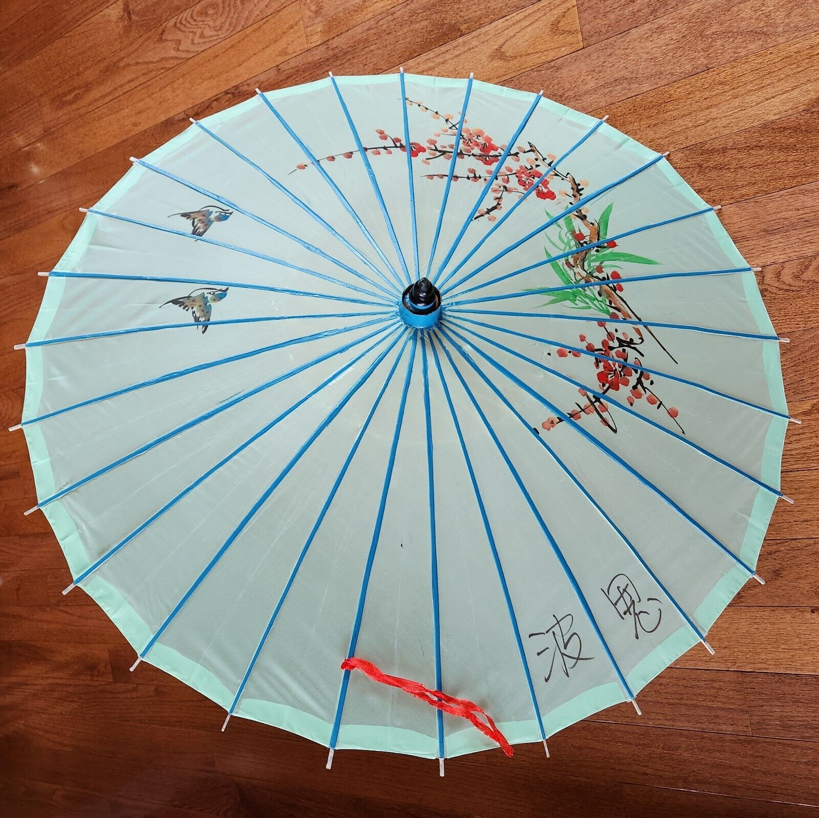 Hand-painted Asian Parasol Mint Green Fabric Blue Painted Ribs Cherry Blossom
