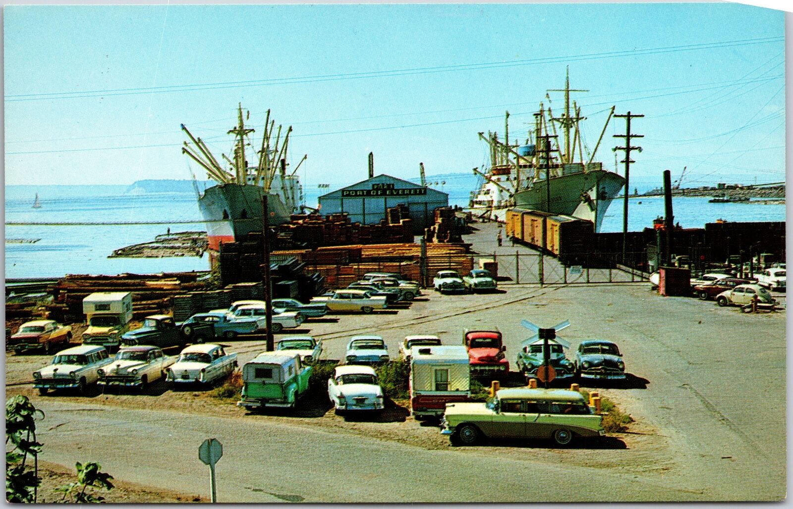 Everett Washington WA, Ocean Goin Freighters, Car Parking, Vintage Postcard