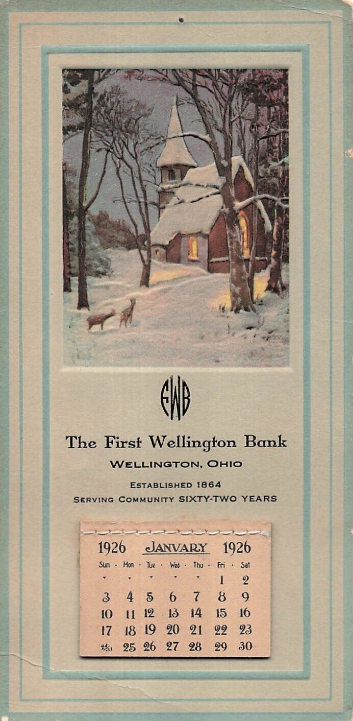 Antique Advertising Calendar Wellington National Bank 1926 Embossed Church, Deer