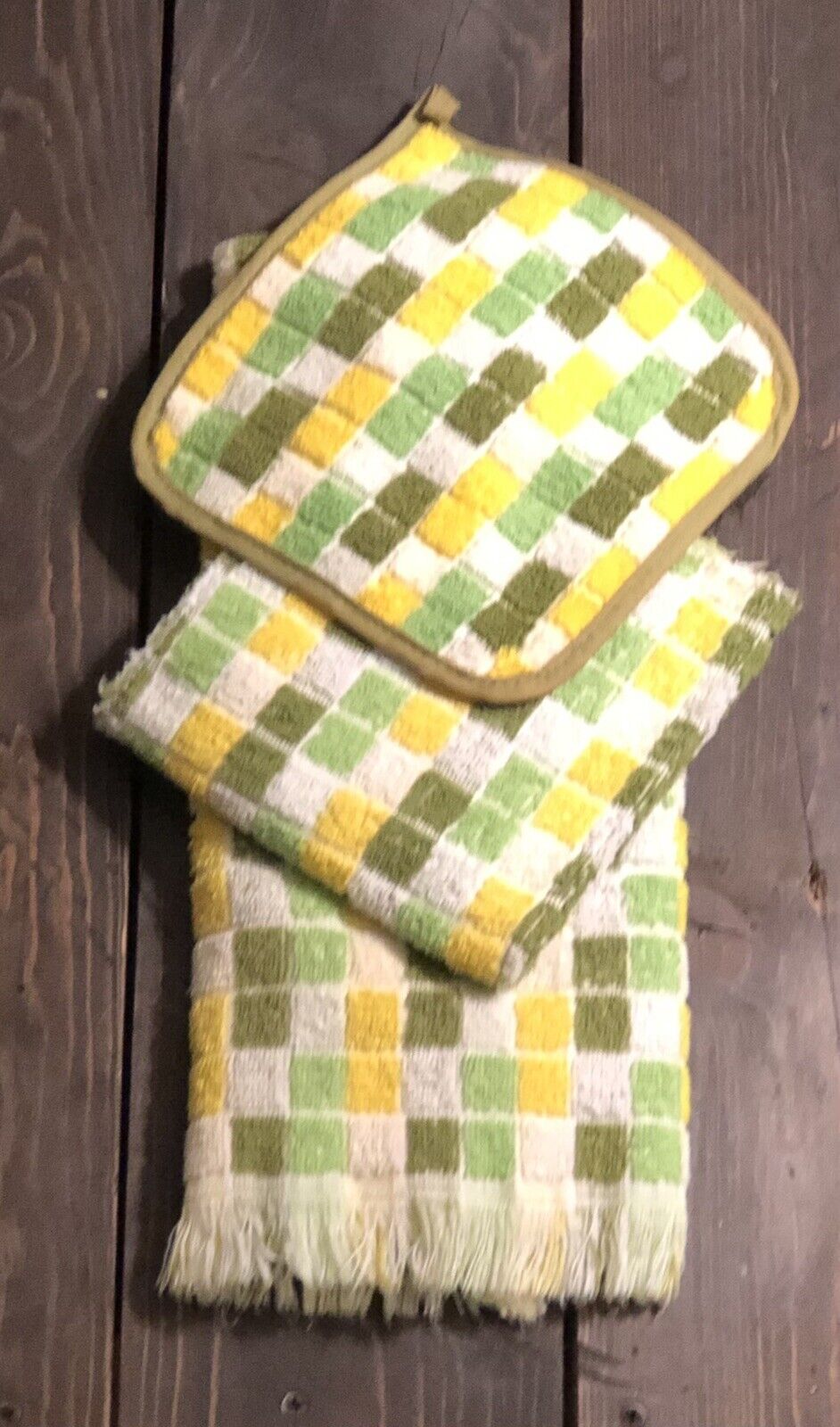 VTG 60-70’s Kitchen Towel Set Of 3 Yellow & Green Checkerboard Pattern