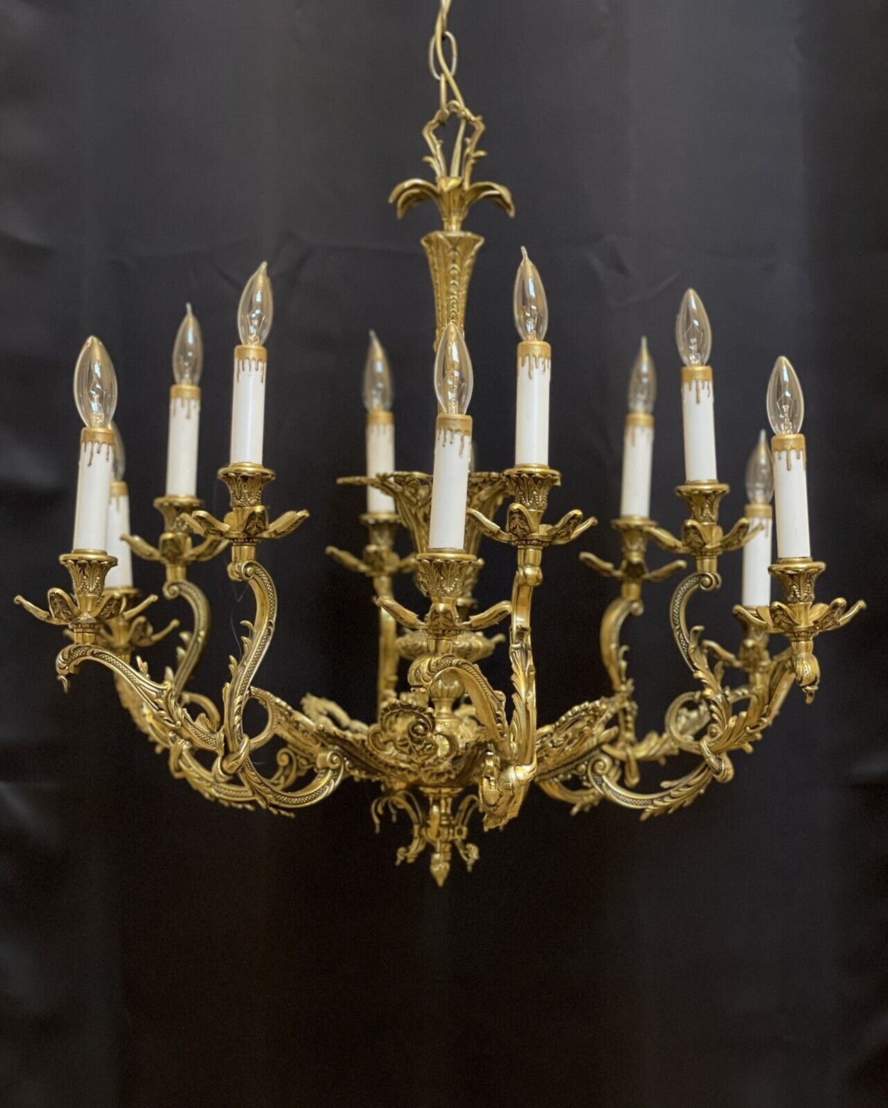 Antique Vintage French Rococo Bronze Brass Chandelier No Crystal 12 Light 28” 🌺