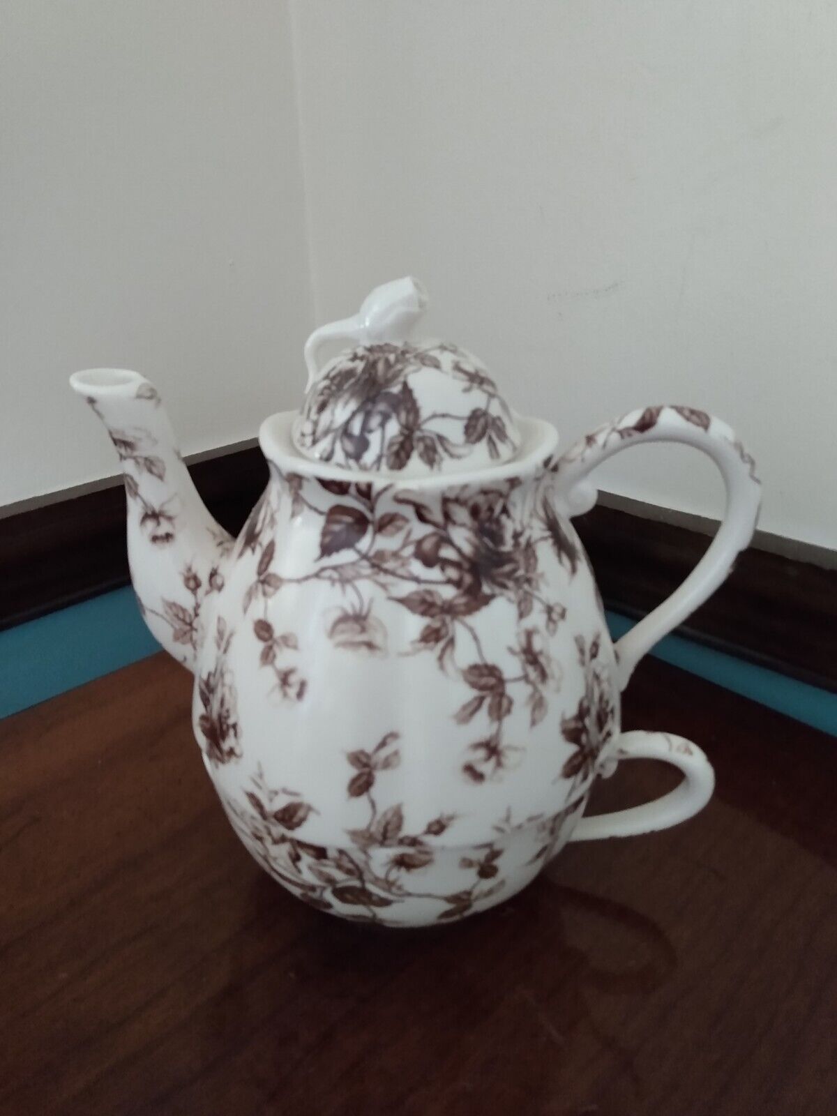 3 Pc Brown Toile Peppertree Tabletop Teapot Coffee Pot For One With Cup Mug Lid