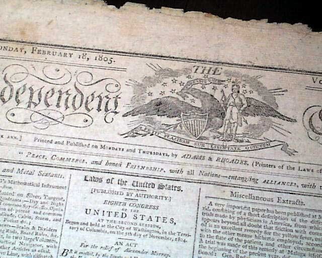 GREAT Early 19th Century Masthead Engraving w/ Thomas Jefferson 1805 Newspaper  