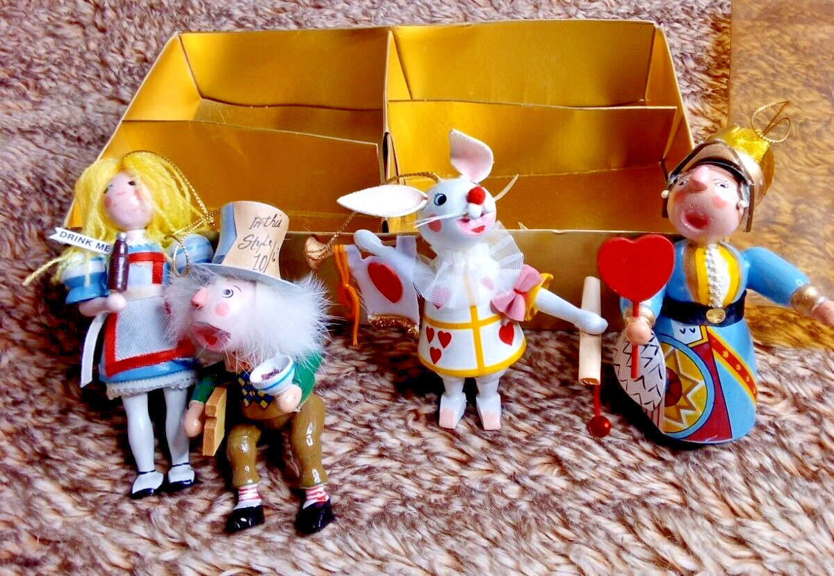 RARE Vintage 1984 Kurt S. Adler Alice In Wonderland Wooden Toy Ornament Set Of 4