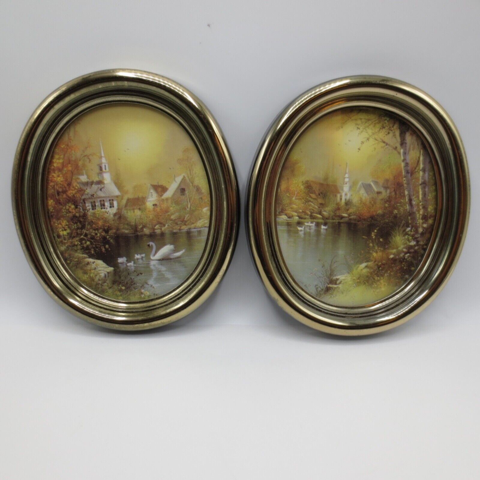 2 Vintage Homco Gold Oval Framed Church Swan Lake Wall Art Pictures #9663 Decor