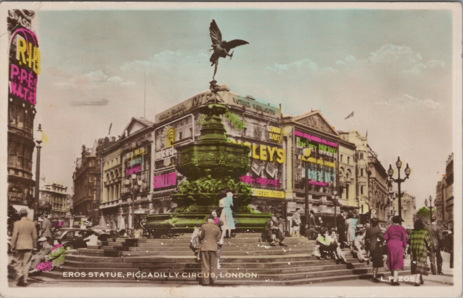 c1950s RPPC Eros statue Piccadilly Circus London UK color photo postcard D195