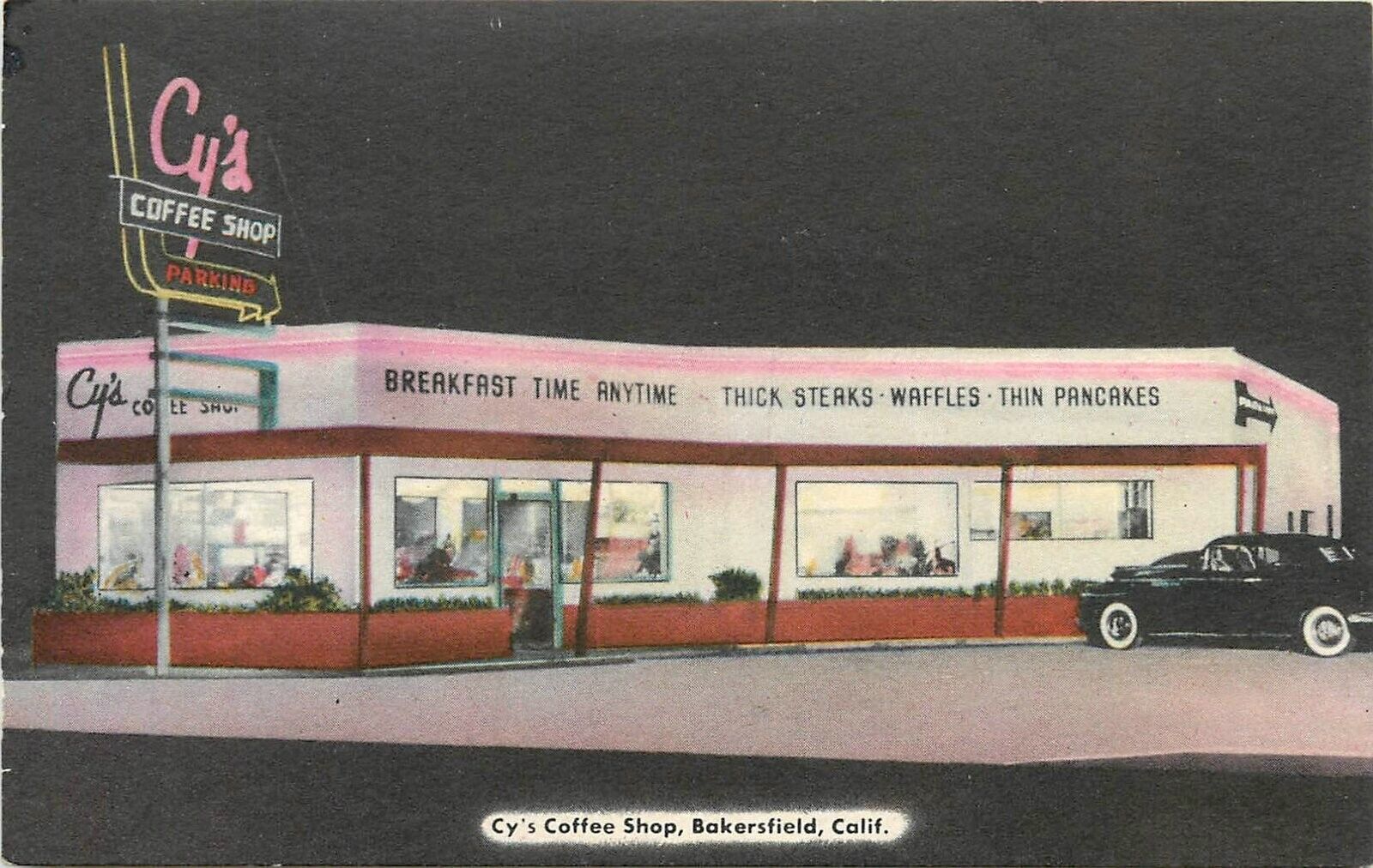 Postcard 1940s California Bakersfield Cy's Coffeeshop night autos CA24-1026