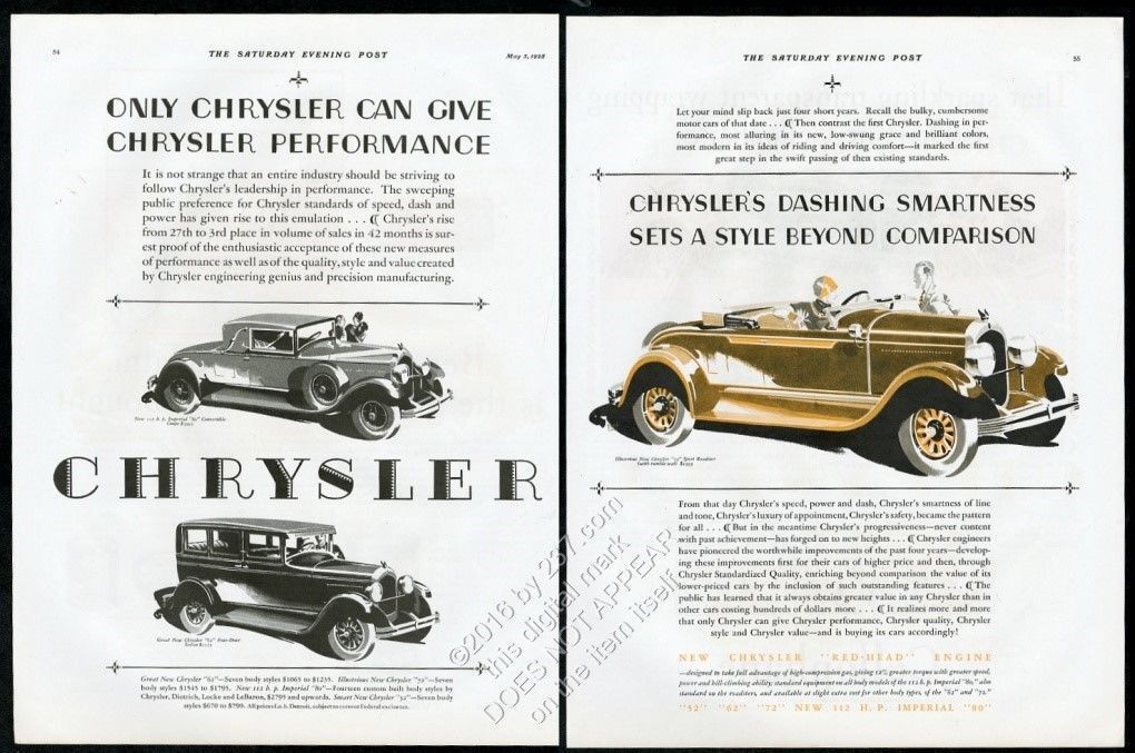 1928 Chrysler 72 Sport Roadster car illustrated BIG vintage print ad