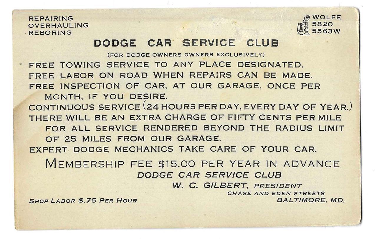 Dodge Car Service Club - Baltimore, Maryland - WC Gilbert, Pres. - Early Card