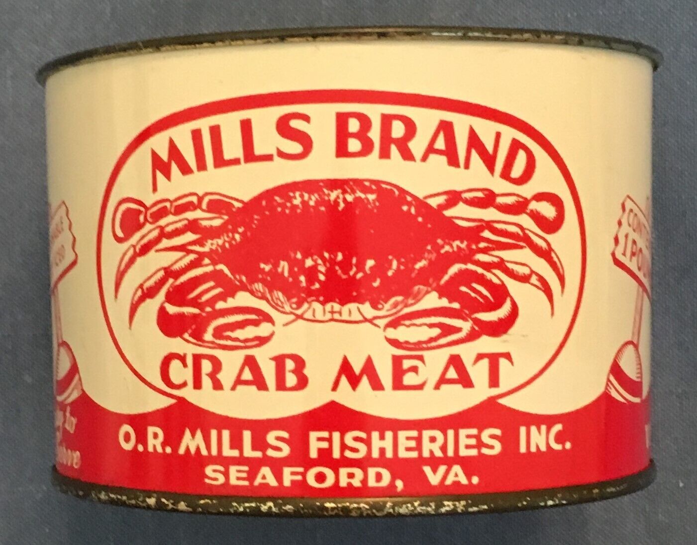 VINTAGE MILLS BRAND ONE POUND CRAB MEAT TIN - O.R. MILLS FISHERIES, SEAFORD VA 