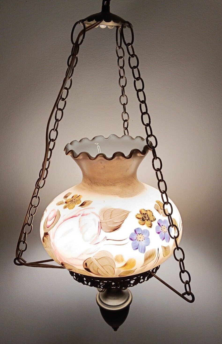 Vintage Handpainted Floral & Gold Hanging Hurricane Lamp