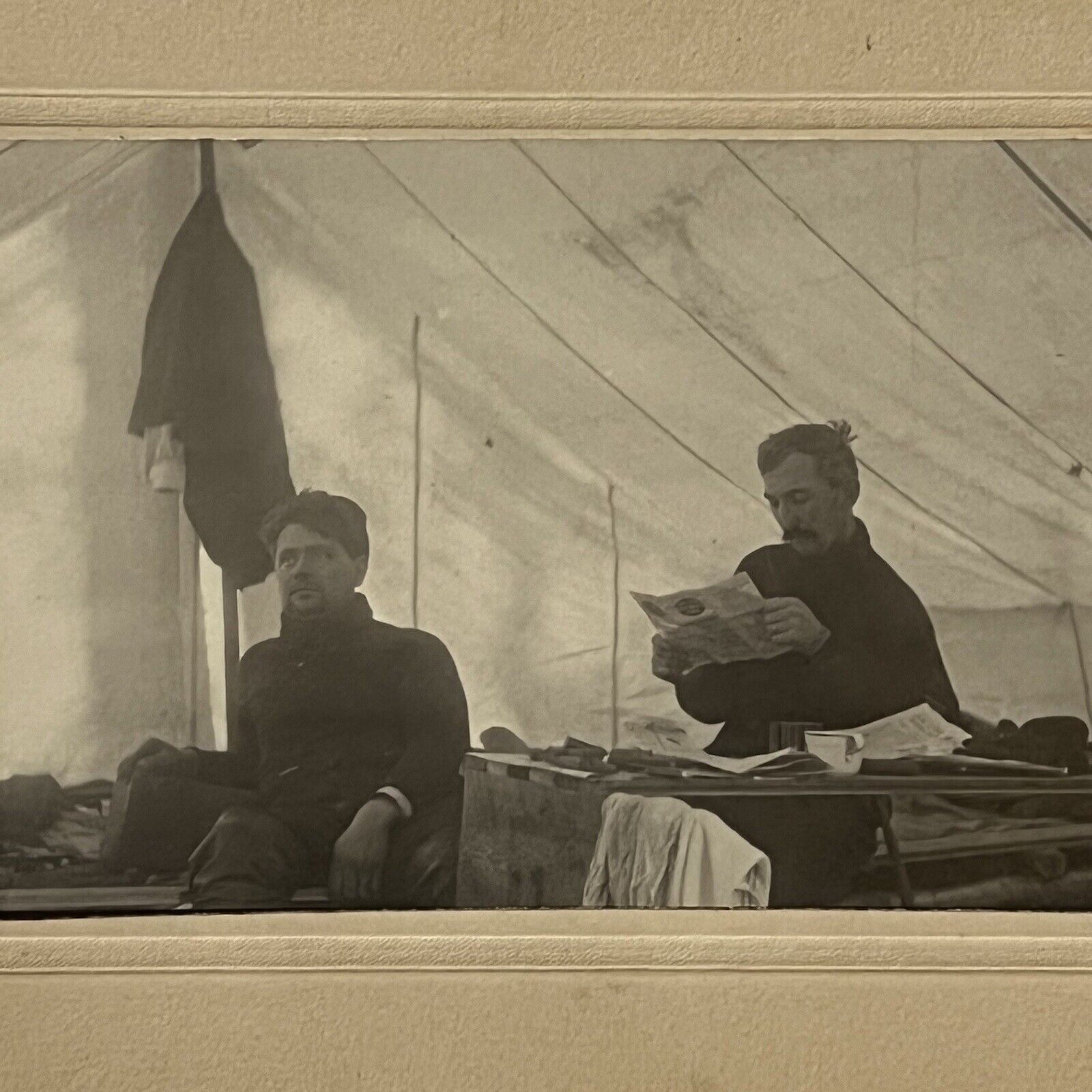Antique Cabinet Card Photograph Handsome Man Encampment Tent Military? Soldiers?