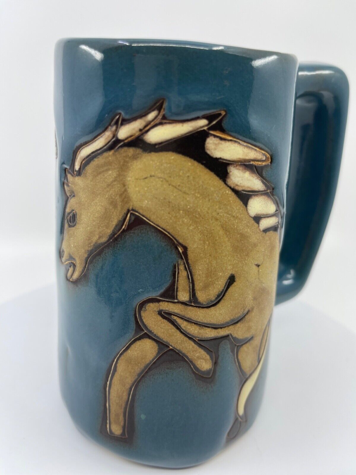 Mexican Pottery Wild Horses Coffee Mug Green Blue Horse Mara Signed Handmade