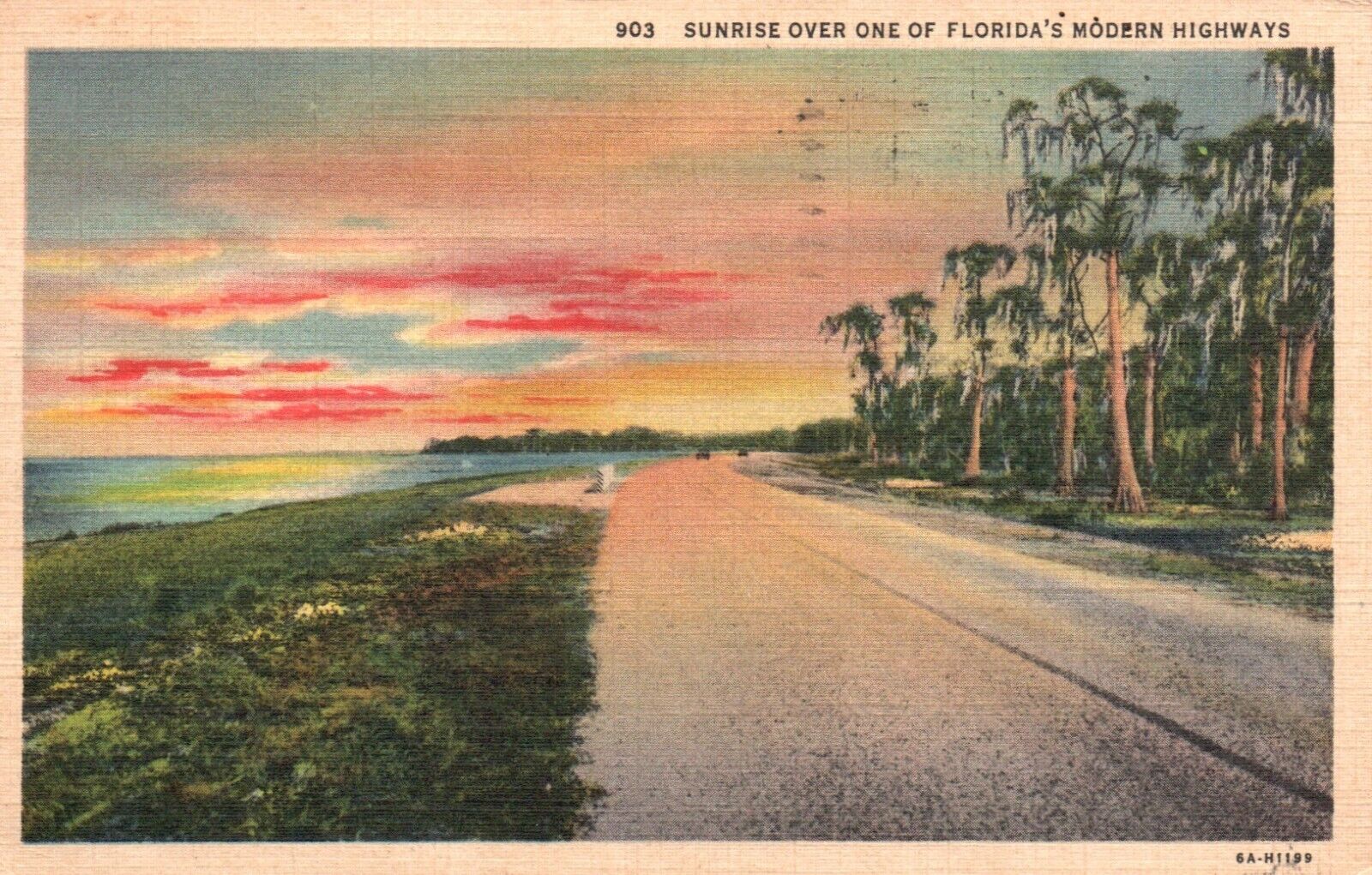 Postcard FL Sunrise over One of Floridas Modern Highways 1937 Vintage PC e3426