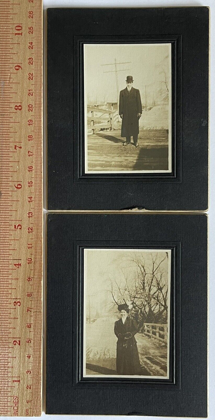 Antique Vtg Photo Black White Sepia Snapshot On Board Man Woman Couple