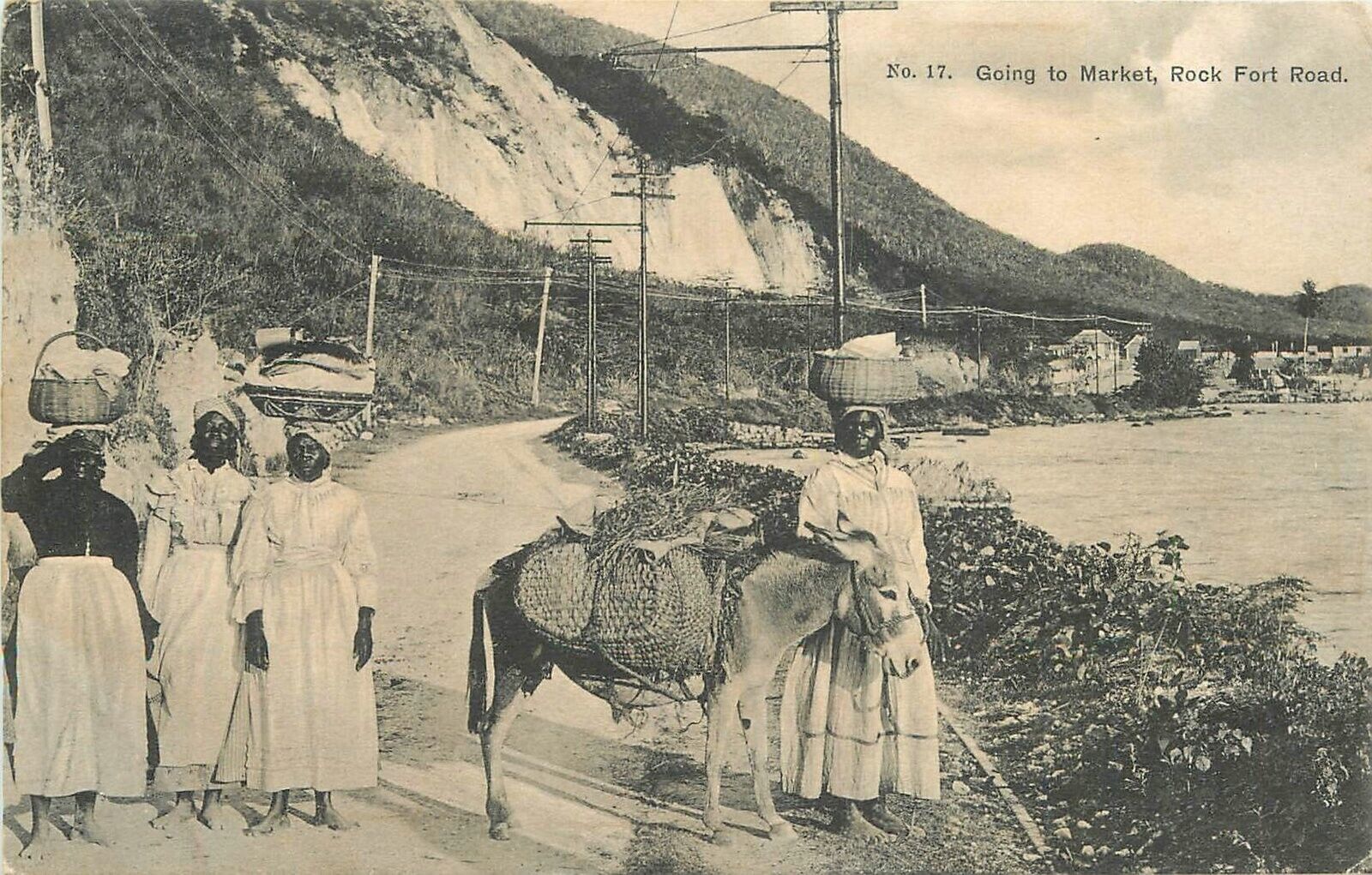 Postcard 1909 Jamaica ethnic women donkey street scene 23-12025