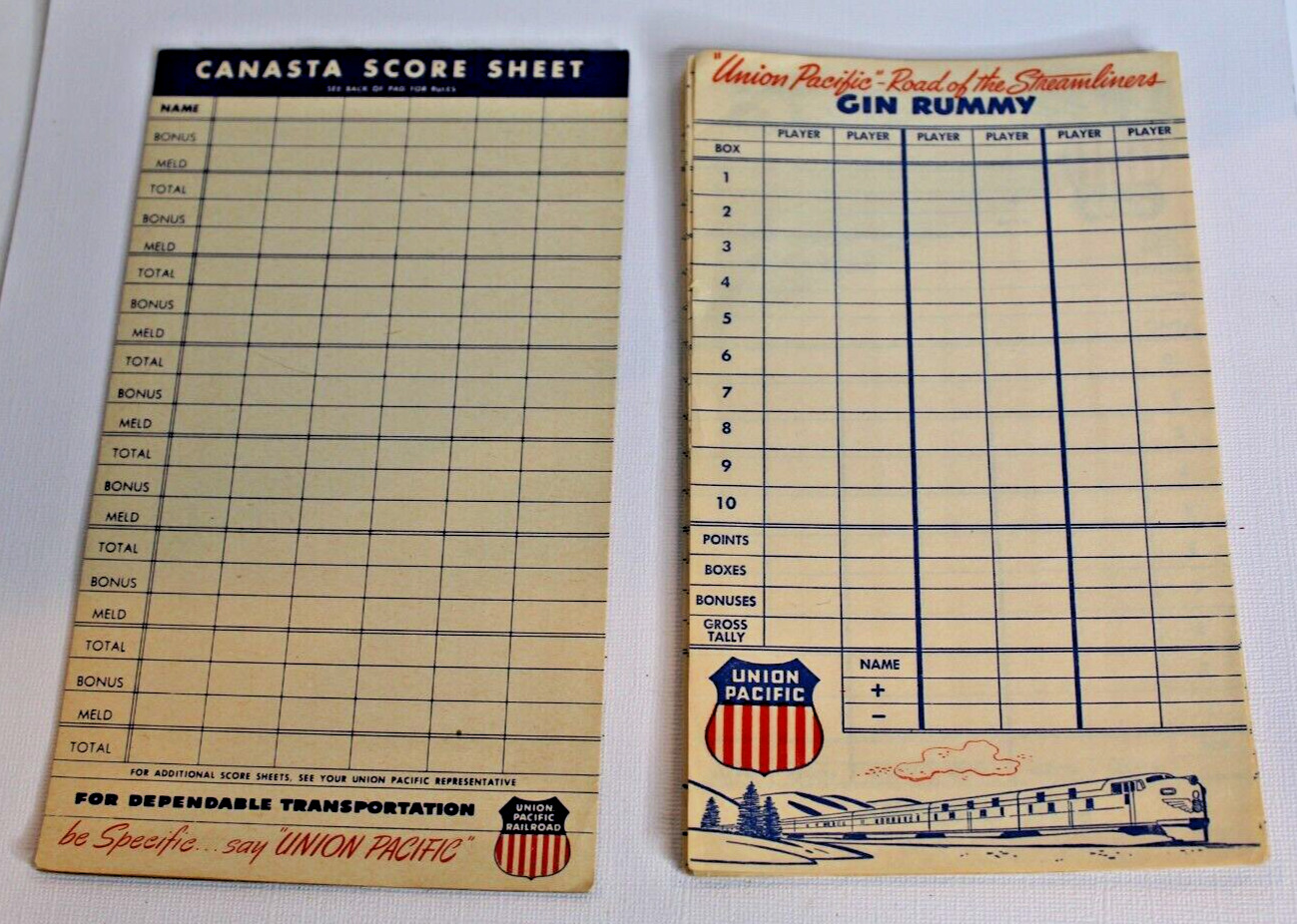 Vintage Union Pacific Railroad Advertising Gin Rummy Canasta Score Sheets
