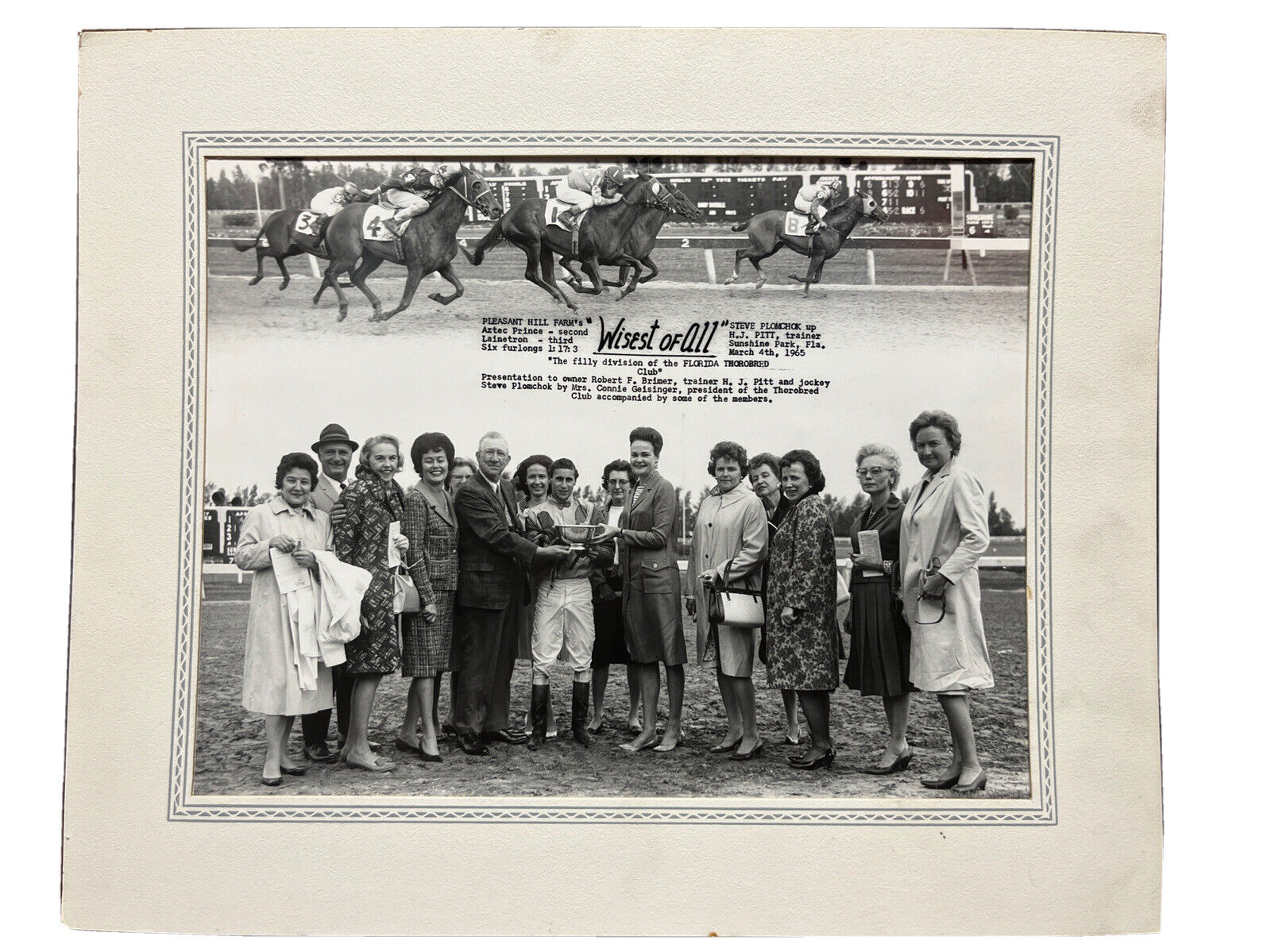 Rare Turfotos Horse Racing 1965 “Wisest of All” 11”x14” Mounted Photograph B&W
