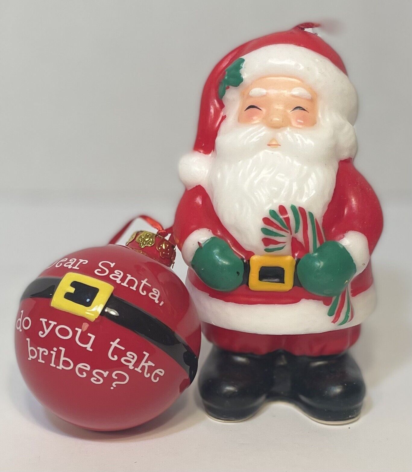 Vintage AVON Santa Candle And “Do You Take Bribes” Funny Ornament Combo 2 Pieces