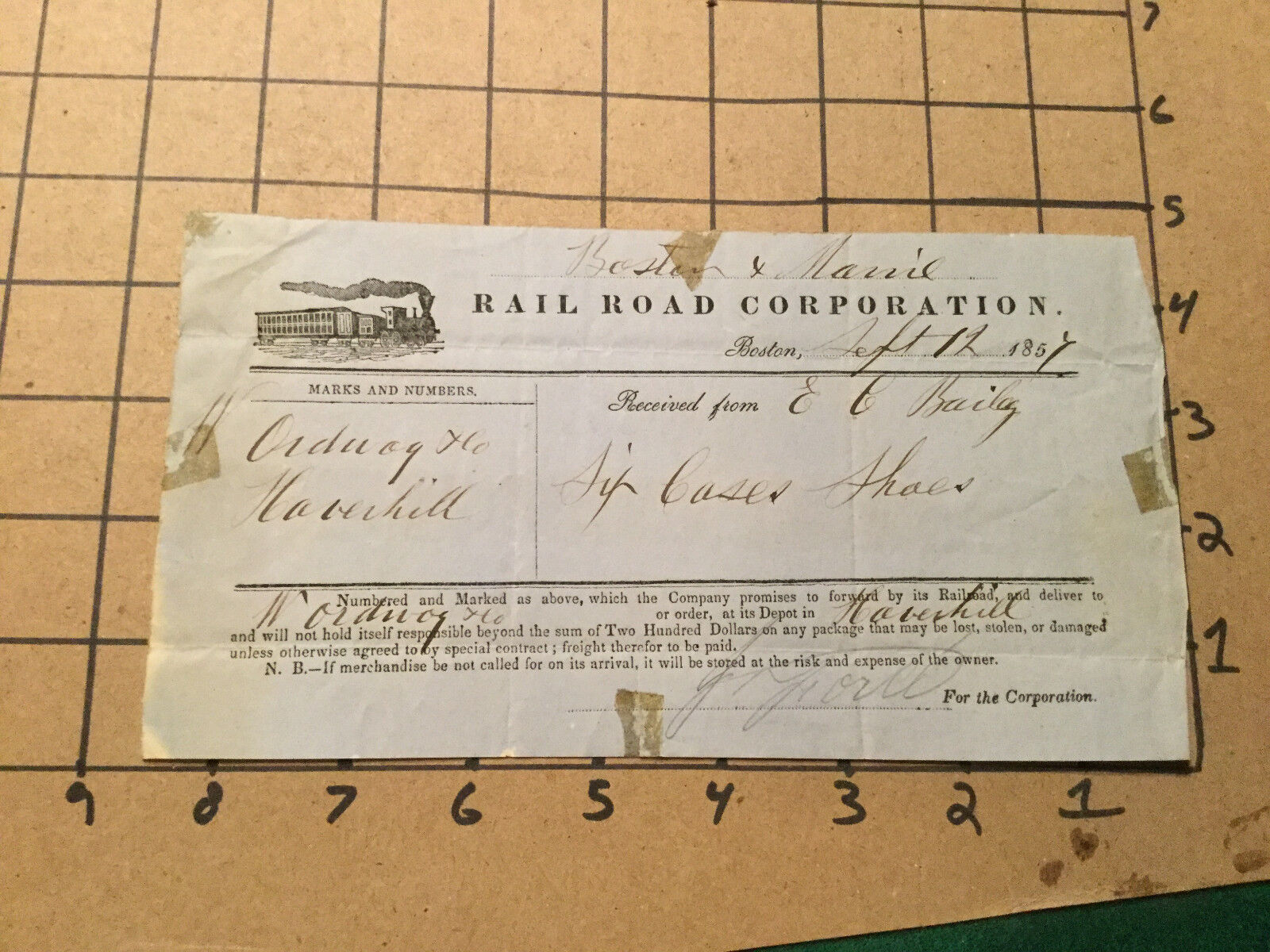 Vintage Original RAILROAD Receipt -1857 - BOSTON & MAINE RR CORP w Vingette
