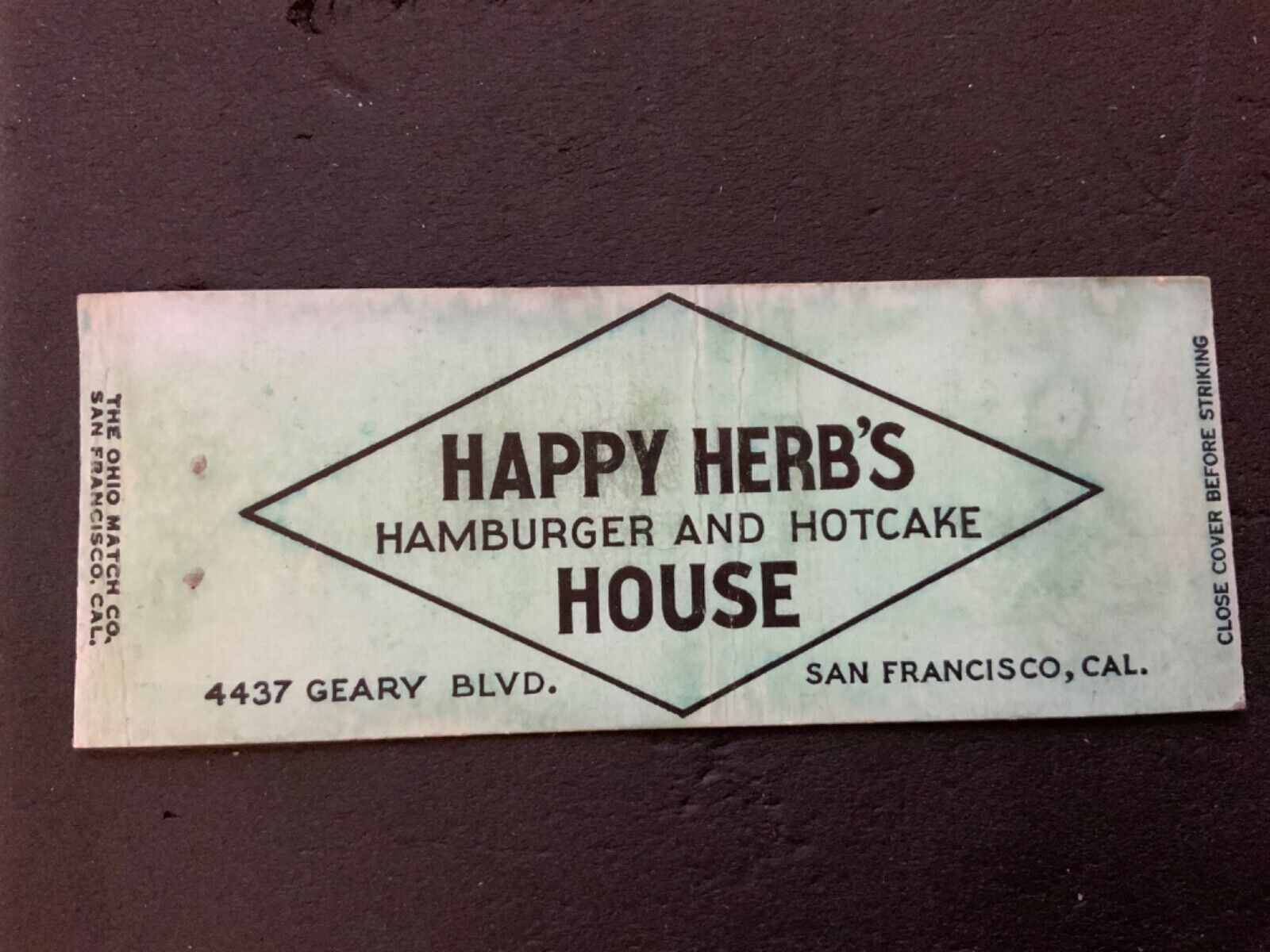 1930s-40s+ MATCHBOOK- HAMBURGERS - HAPPY HERB’S HOUSE - CALIF.  - #2439