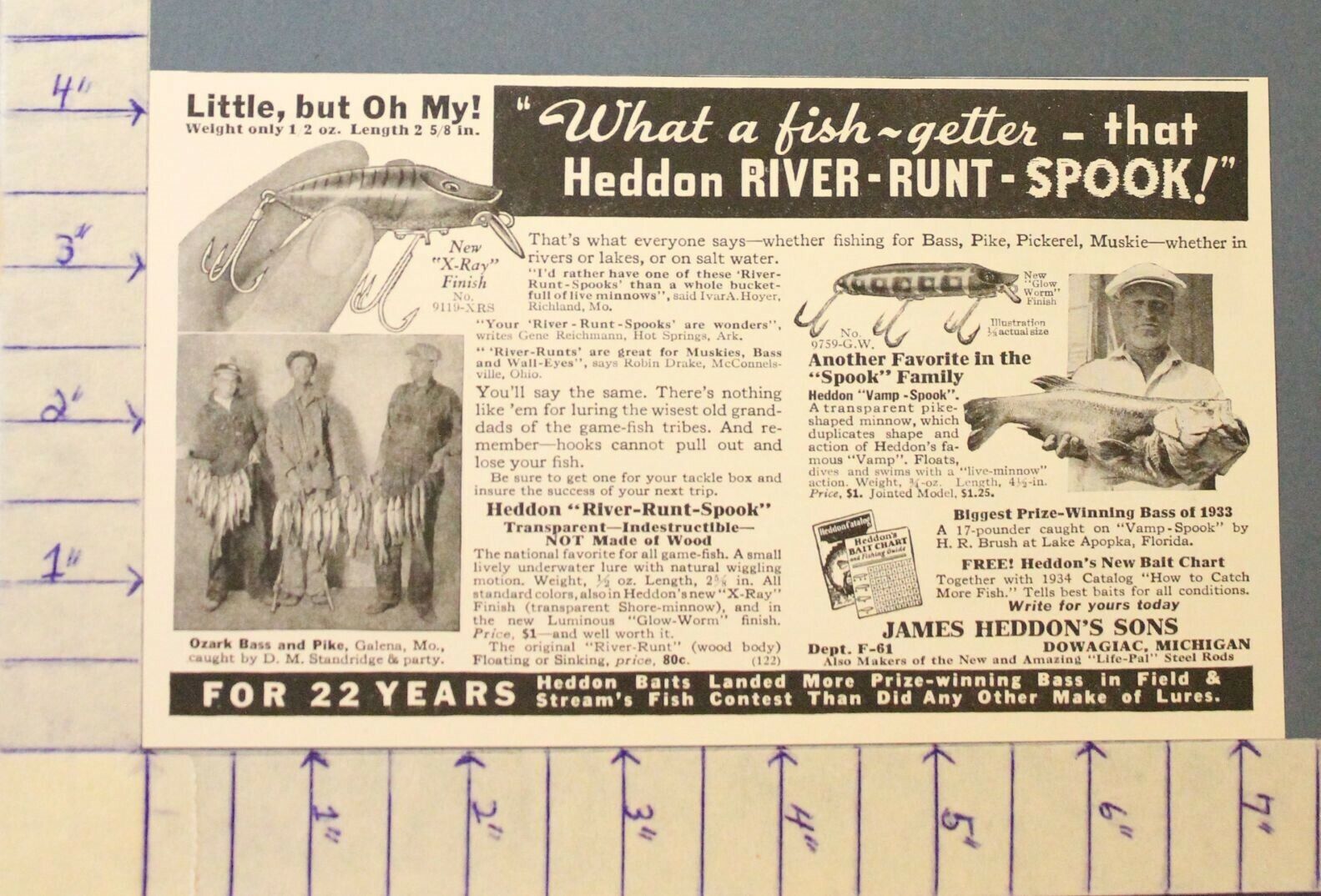 1934 HEDDON FISH LURE OUTDOOR DOWAGIAC VAMP SPOOK RUNT GALENA HISTORIC AD A-1098
