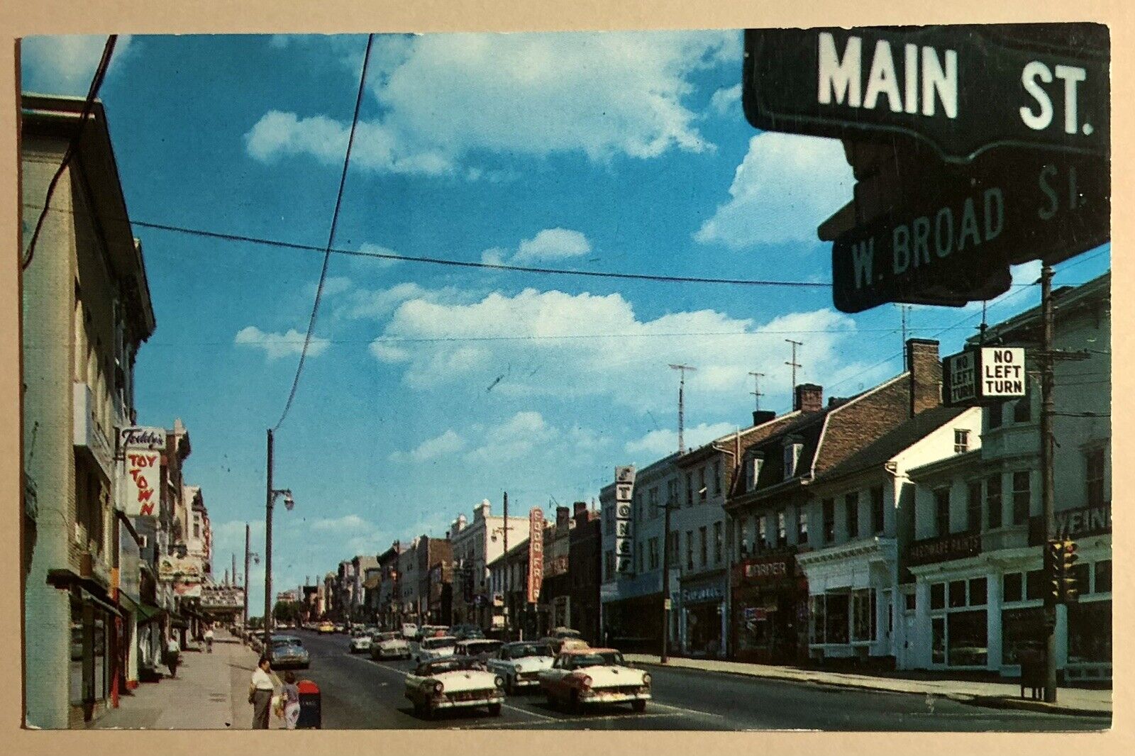 Postcard Bethlehem Pennsylvania West Broad Street at Main Street c1960s Stores
