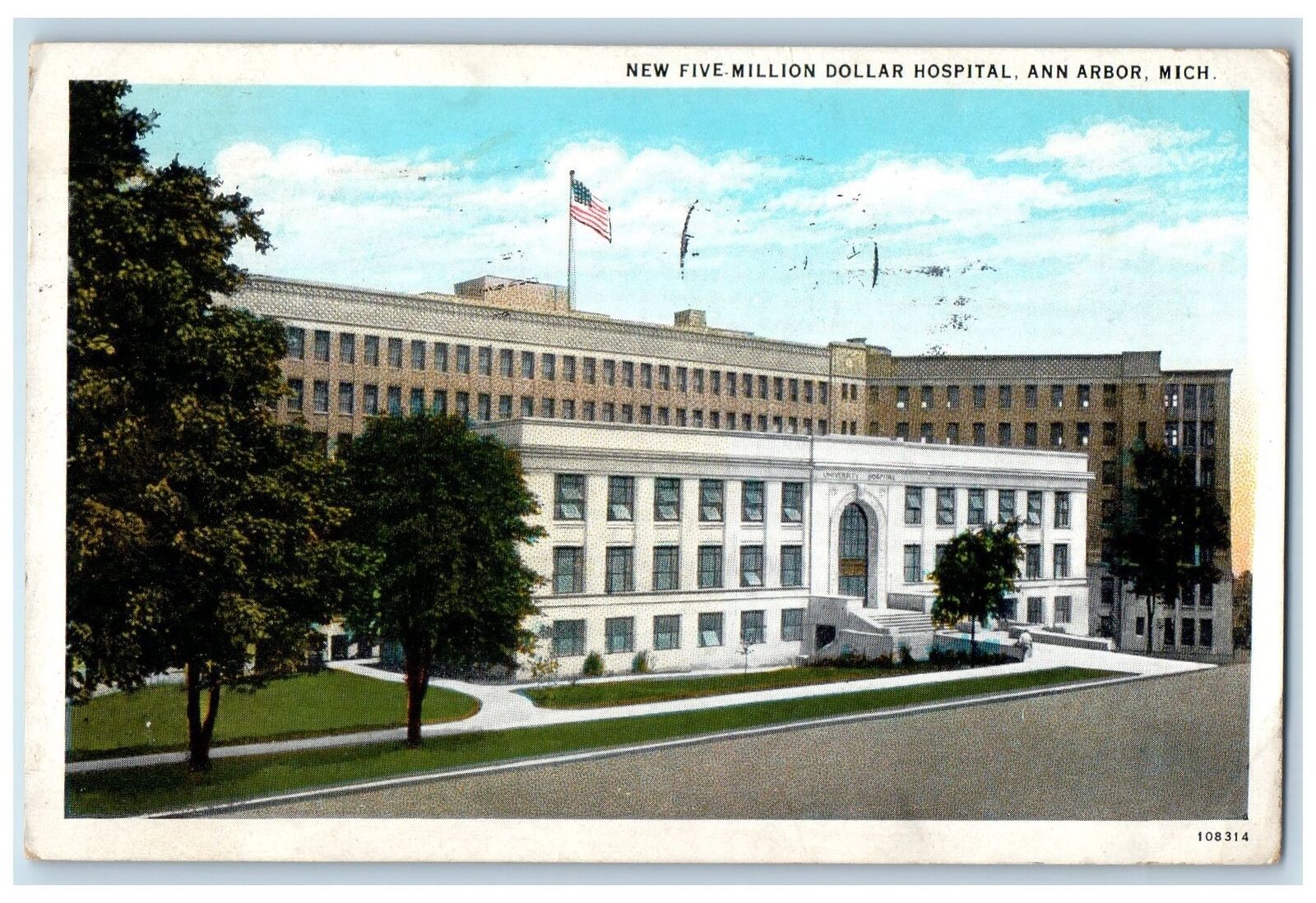 1929 New Five Million Dollar Hospital Building Entrance Ann Arbor MI Postcard